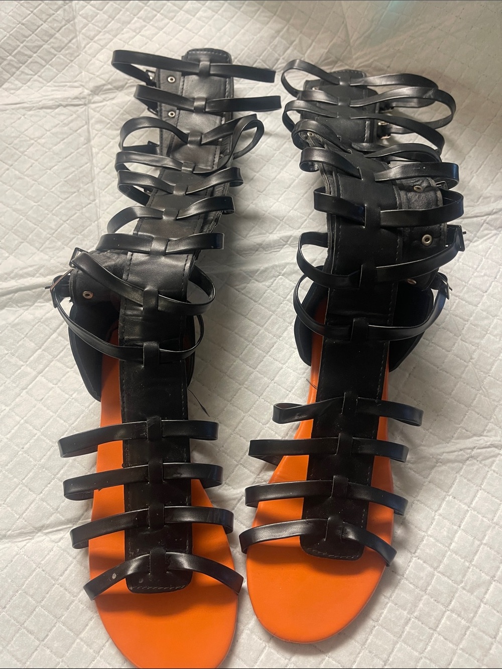 Black Strappy Gladiator Sandals with Orange Insole - Women's